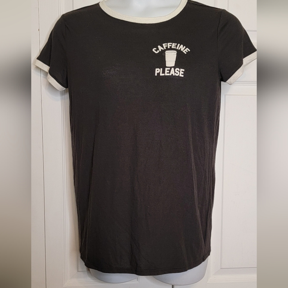#542 Caffeine Please Black Tee with White Trim.Sz.XL